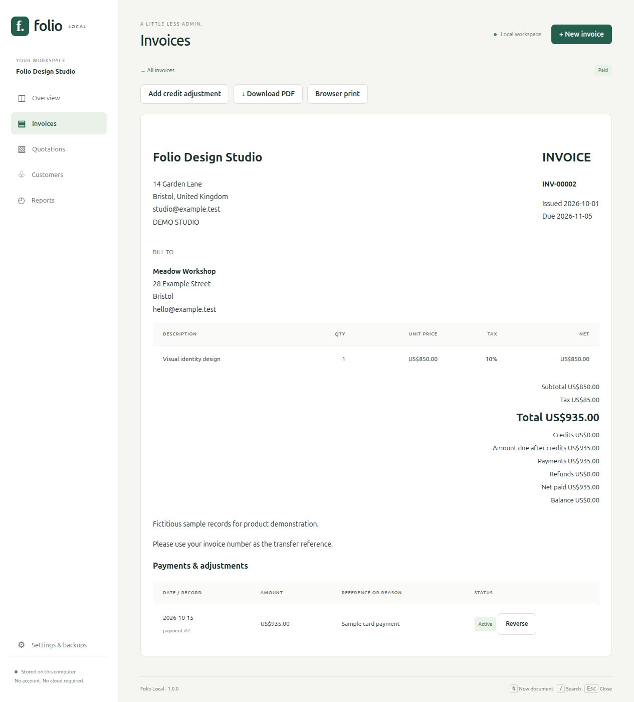 Paid invoice with its amounts, payment entry and Reverse button