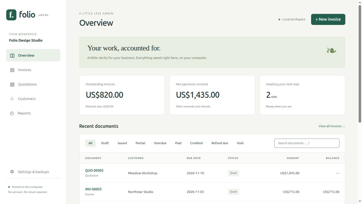 Folio overview showing document filters, outstanding invoices and recent payment summaries